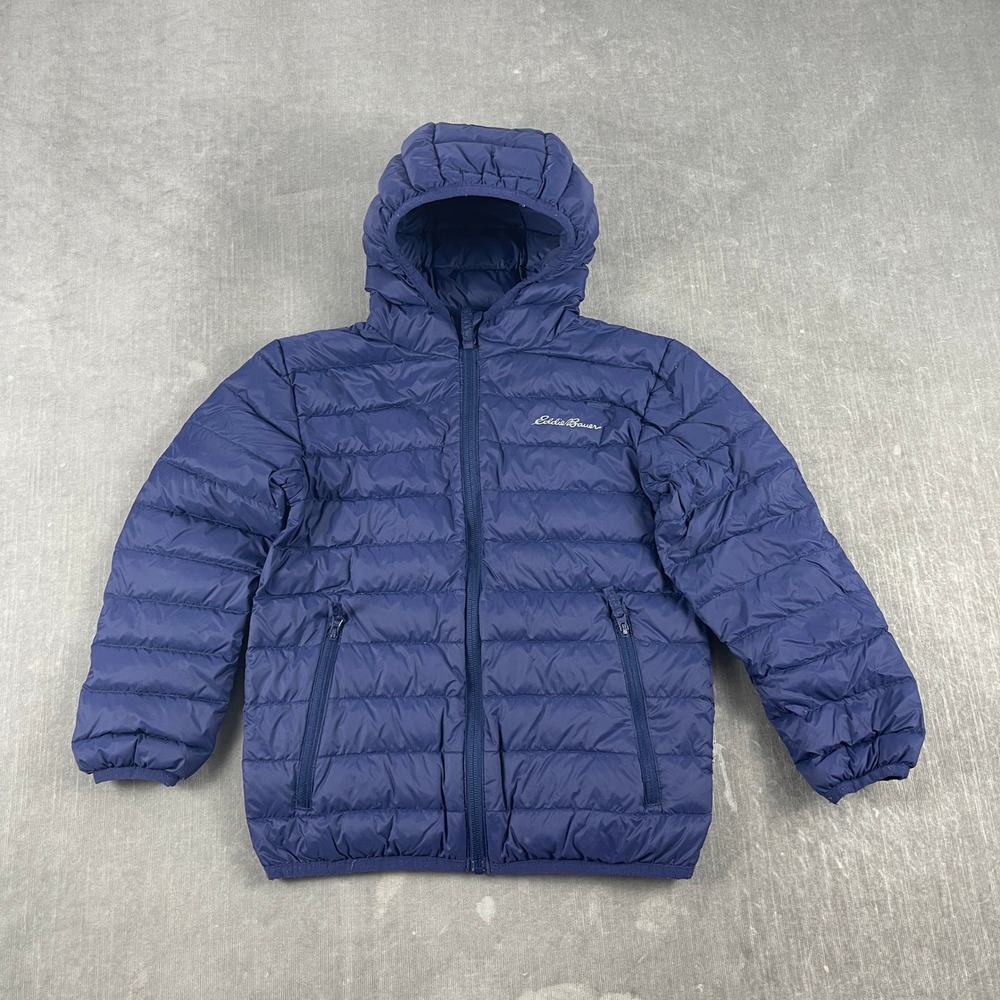 Eddie Bauer Kids XS 5/6 Blue Puffer Jacket Hooded Down Insulated ERU130U800A